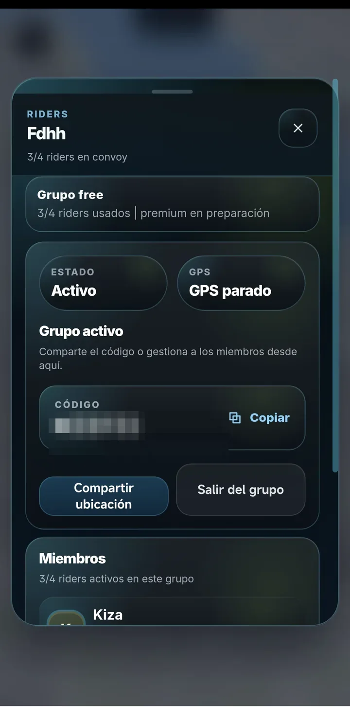 Convoy en vivo de OxxRoad: grupo de riders con código de invitación